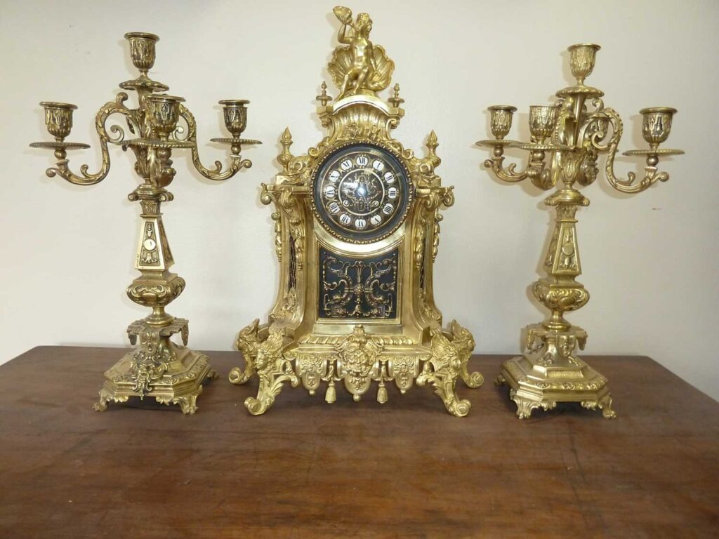 Antique French Bronze Clock and Candle Holder Set Completely Restored